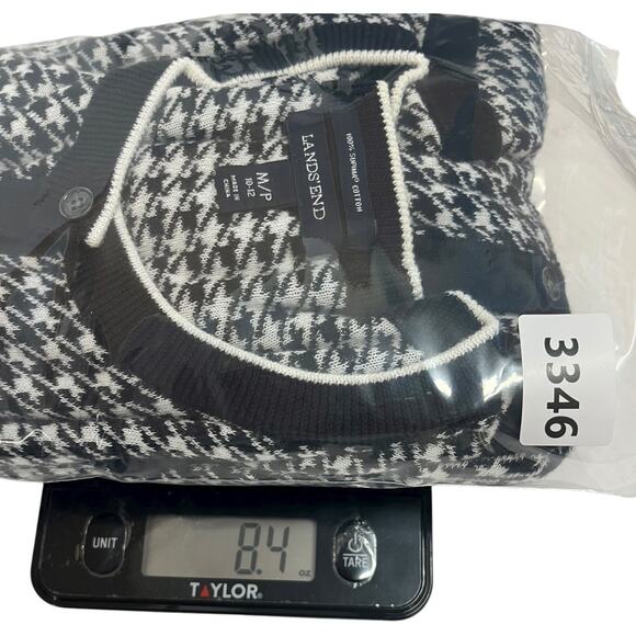 Lands End Cardigan Sweater Womens Medium Black White Houndstooth Preppy Classic - Picture 14 of 14